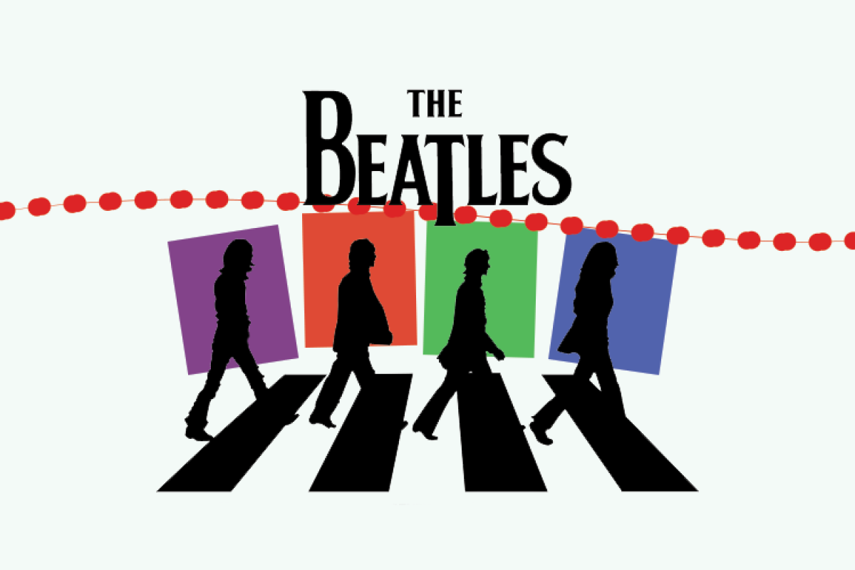 Silhouette of four band members walking with different colored squares in the background and a red dotted line with a strawberry