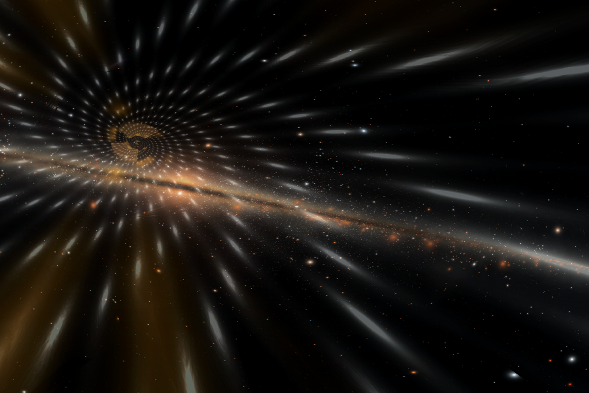 Milky Way galaxy with a graphic swirl in in black and gold