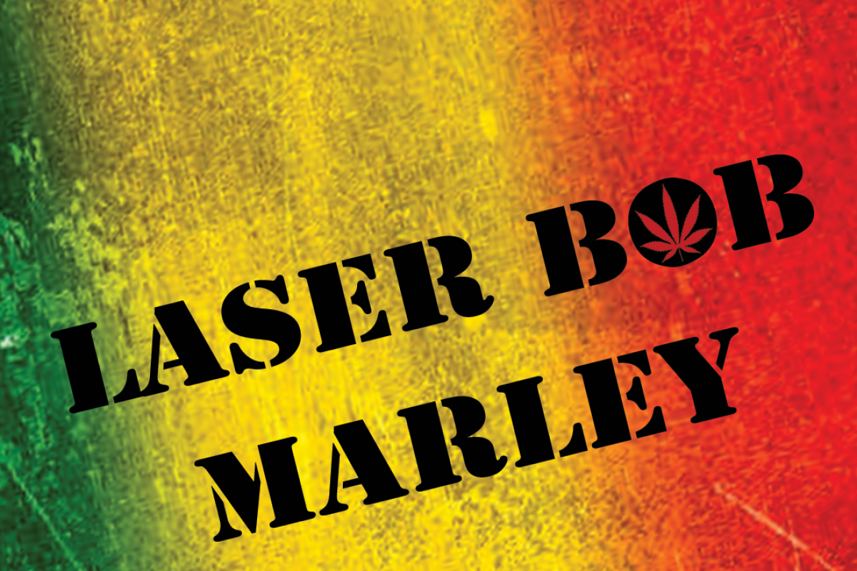Text laser bob marley in stencil with red, yellow and red design in the background