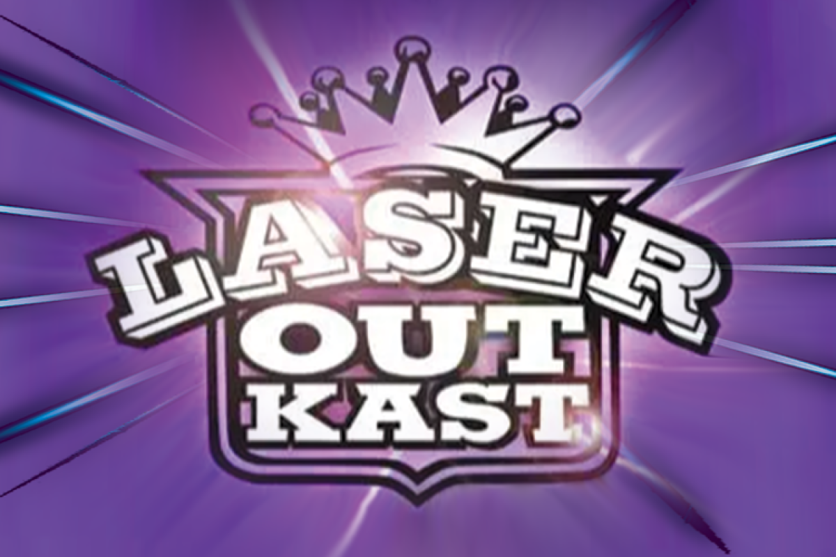 Laser Outkast logo with purple background and lasers