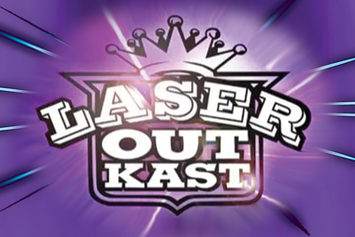 Text laser outkast with crown and purple background with lasers