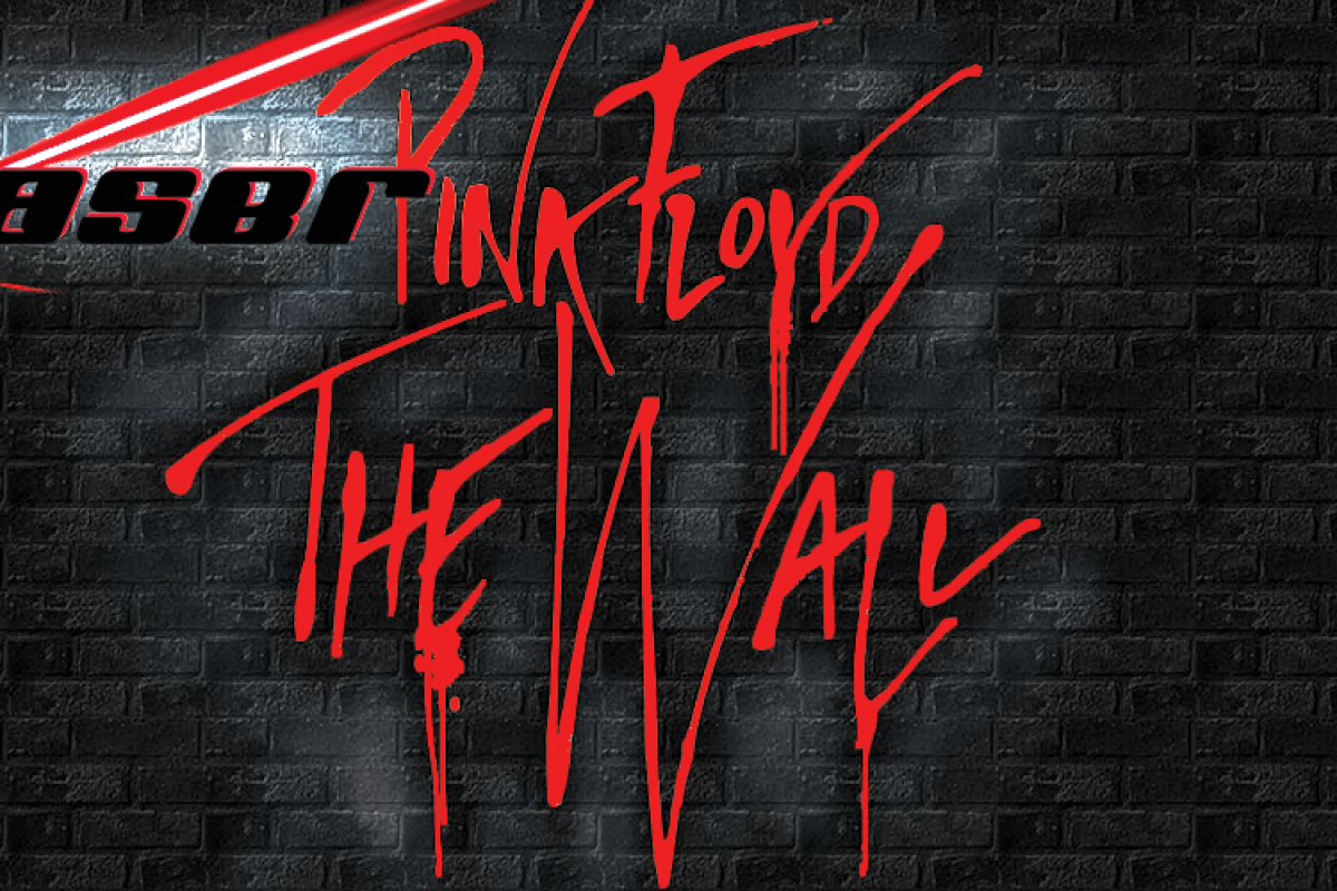 Text Laser Pink Floyd the Wall written in red lasers with black brick background