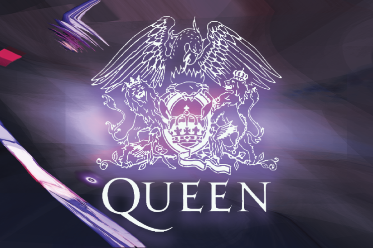 Queen text with crest and purple background
