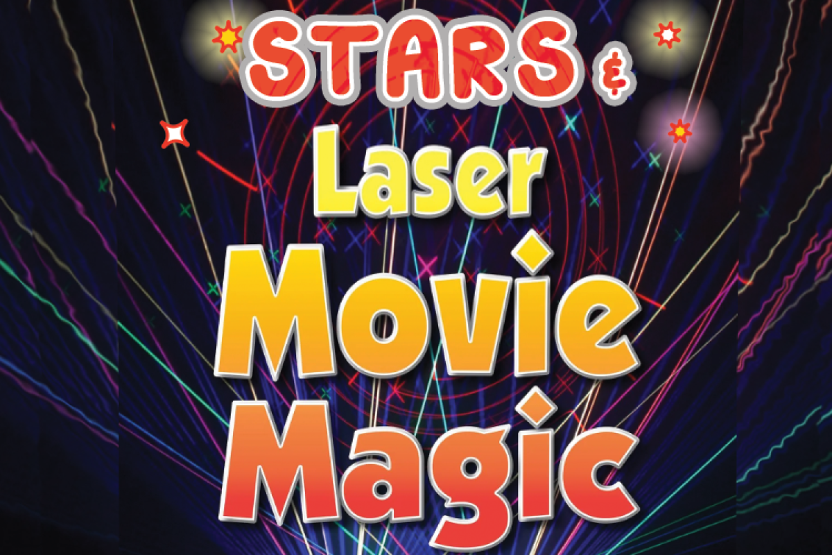 Lasers of all colors in background with text Stars & Laser Movie Magic