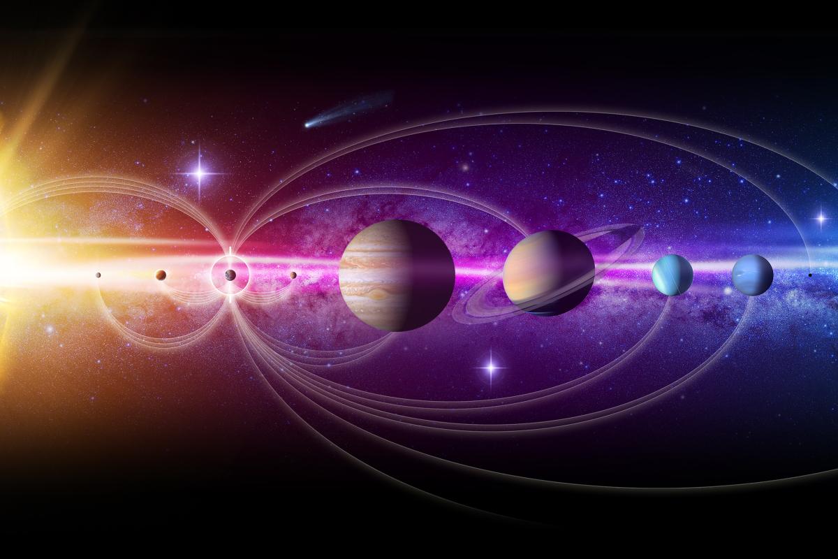 Artist illustration of the solar system very colorful not to scale