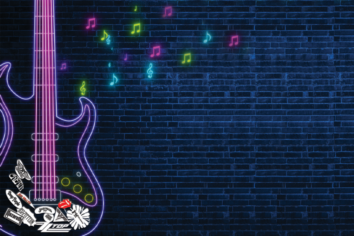 Shape of guitar in lasers with musical notes and blue brick background