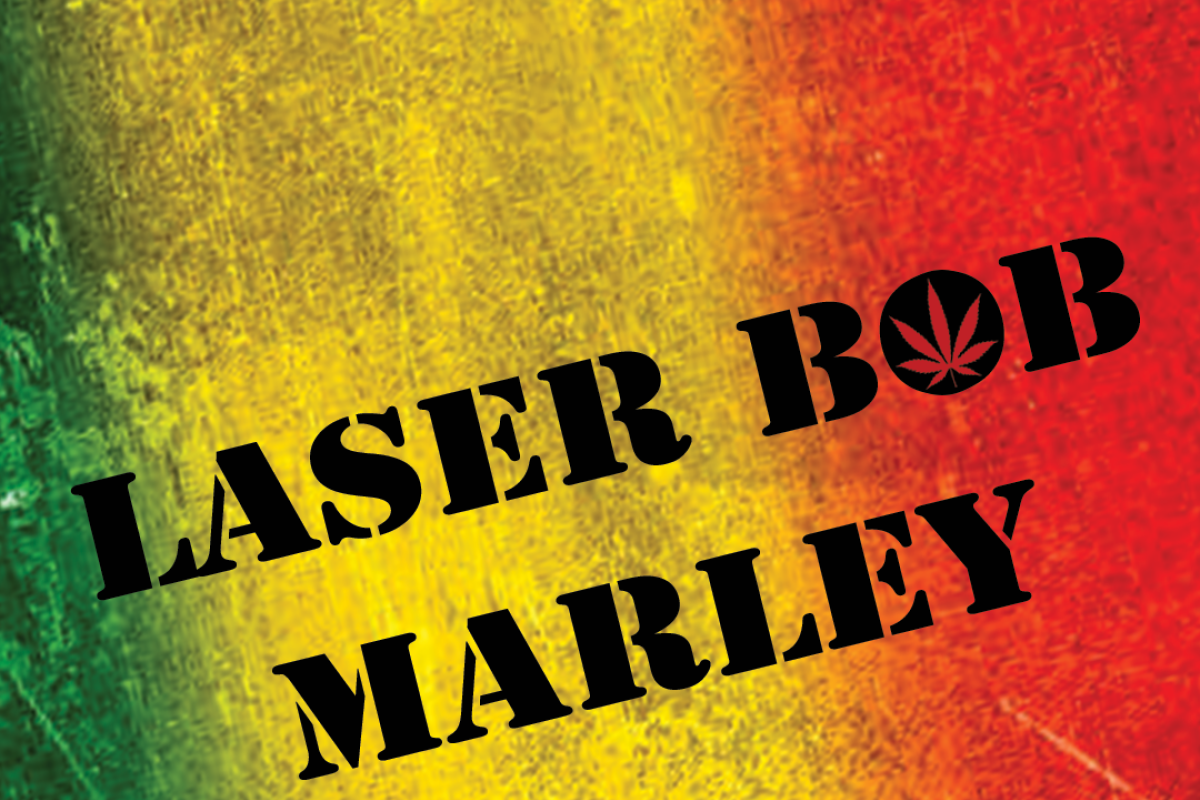 Text laser bob marley in stencil with red, yellow and red design in the background