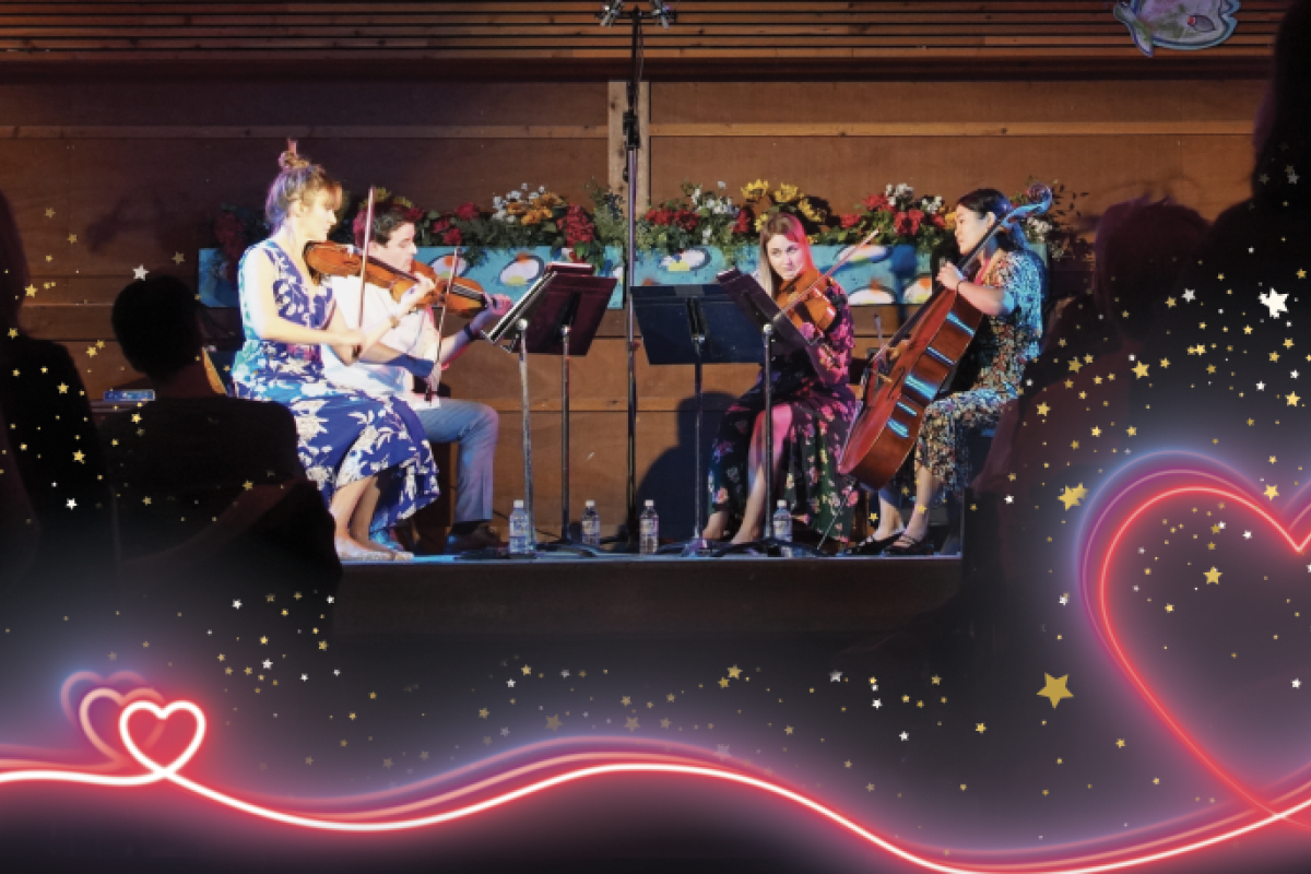 Graphic of a quartet playing on a stage with laser colored hearts and stars