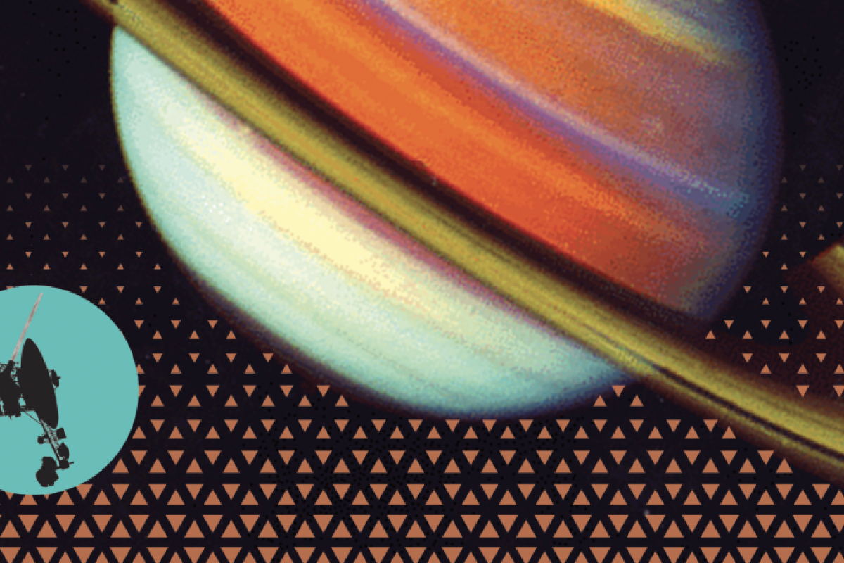 Graphic with photo of Saturn and silhoutte of Voyager space craft