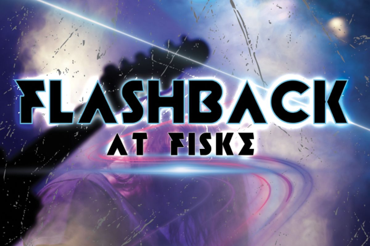 Lasers and fog with guitar head and text flashback at fiske
