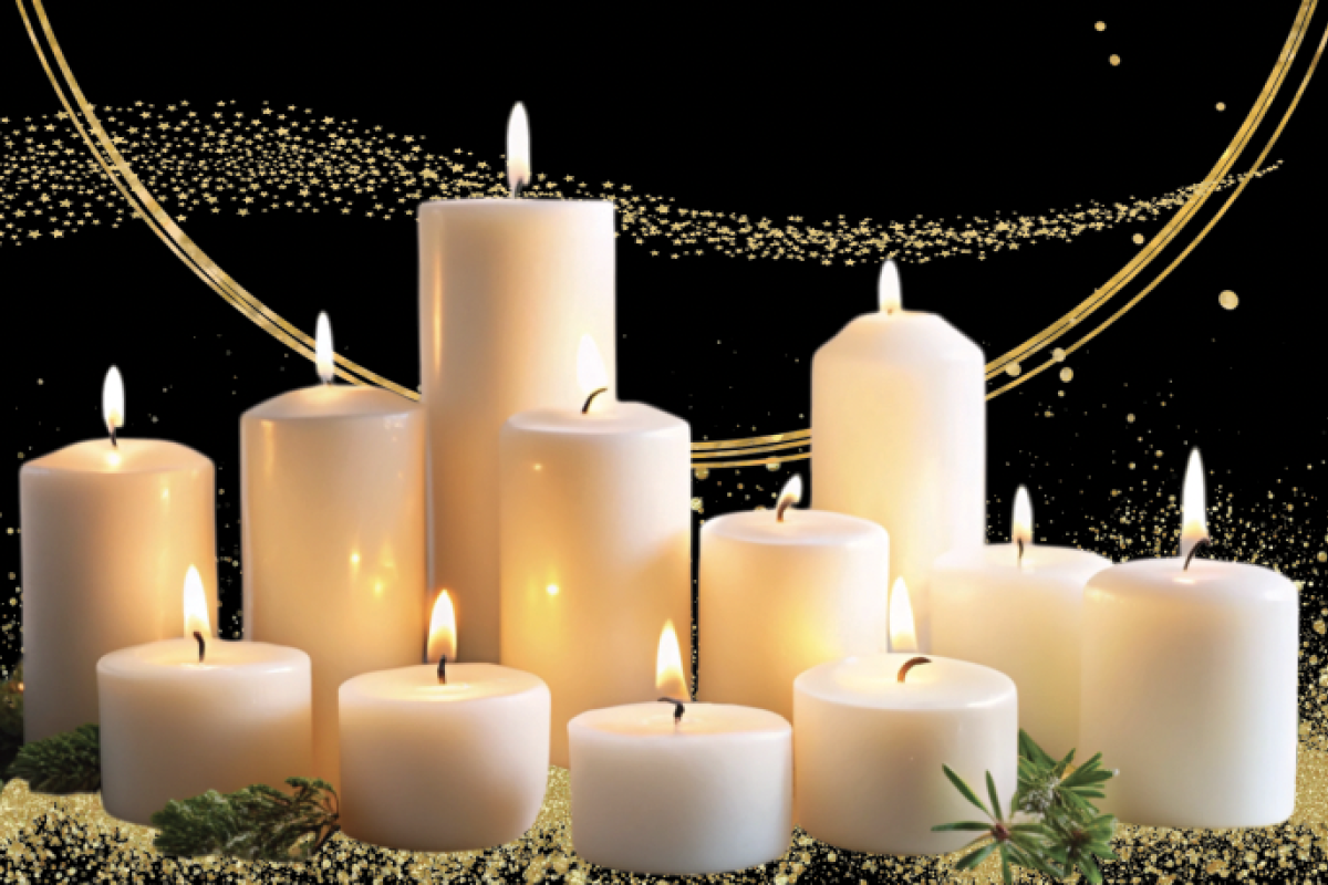 Graphic with candles, evergreens and glitter