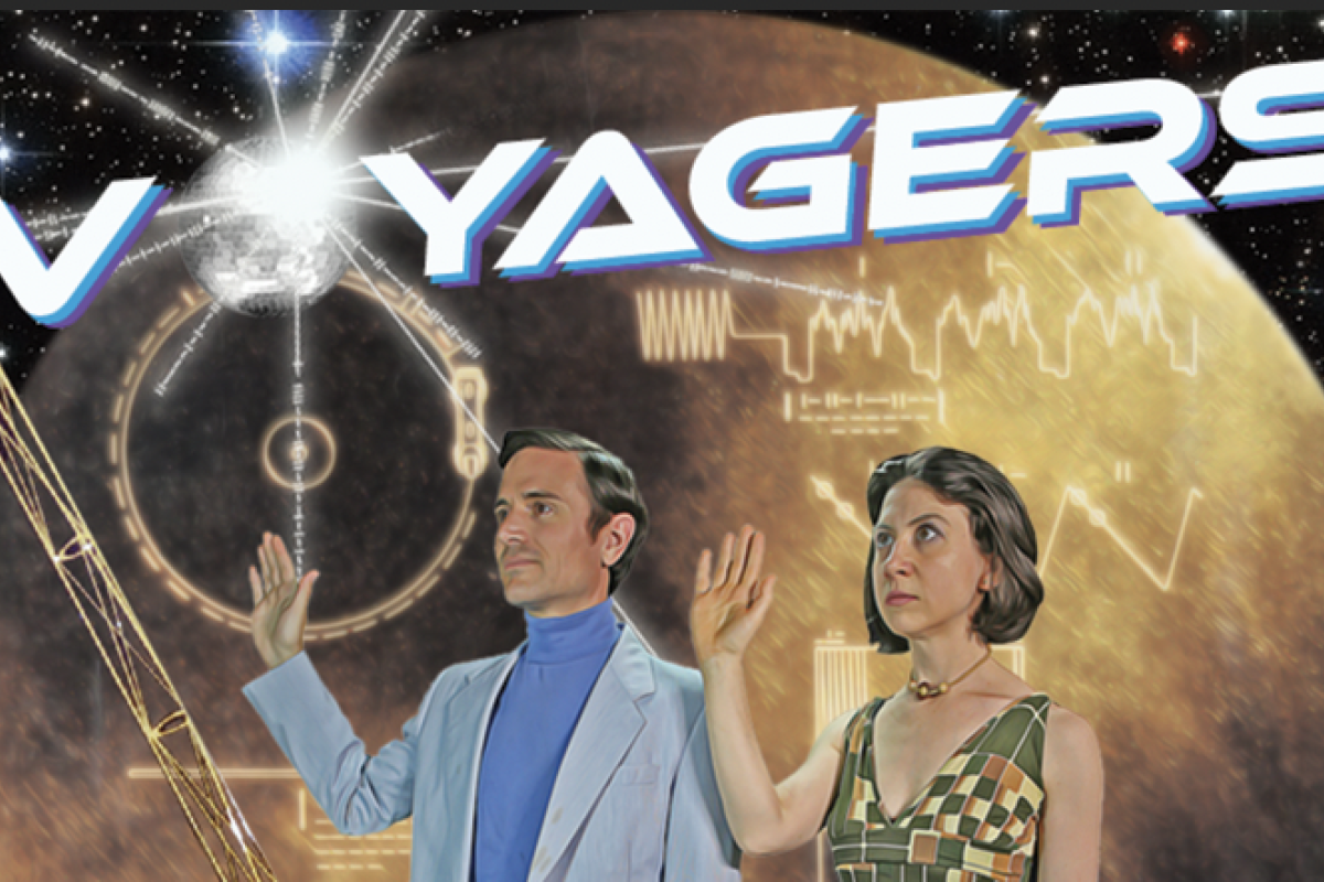 Voyagers text with illustration of characters and golden record in the background