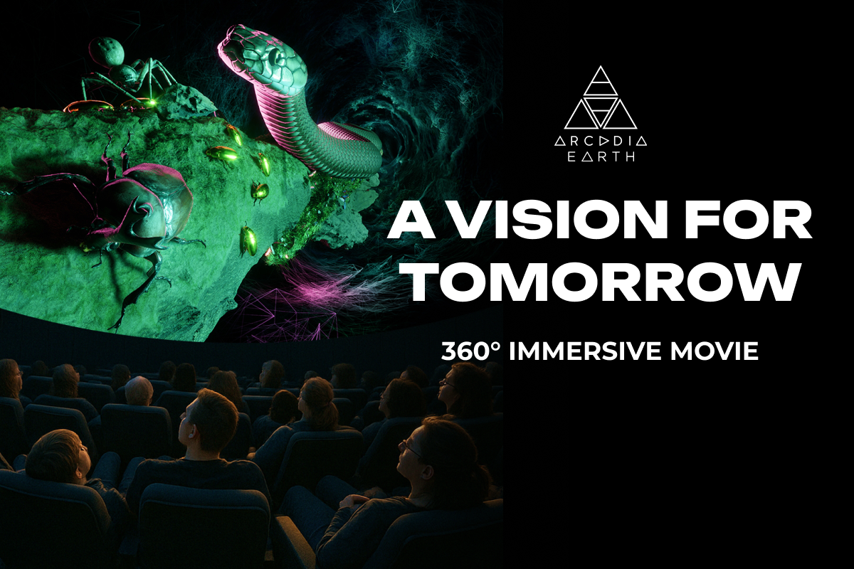 Part of film projected in a planetarium with audience, text a vision for tomorrow