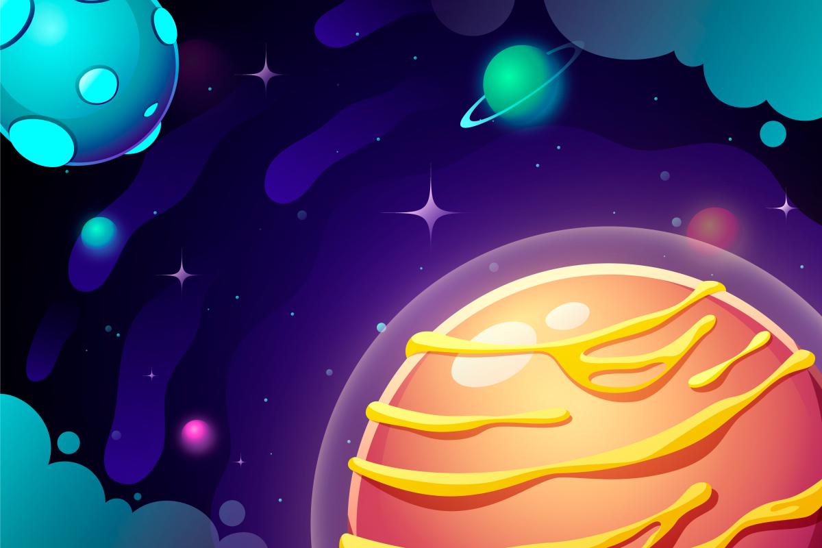 Graphic of whimsically drawn planets and stars in purples, oranges and aquas
