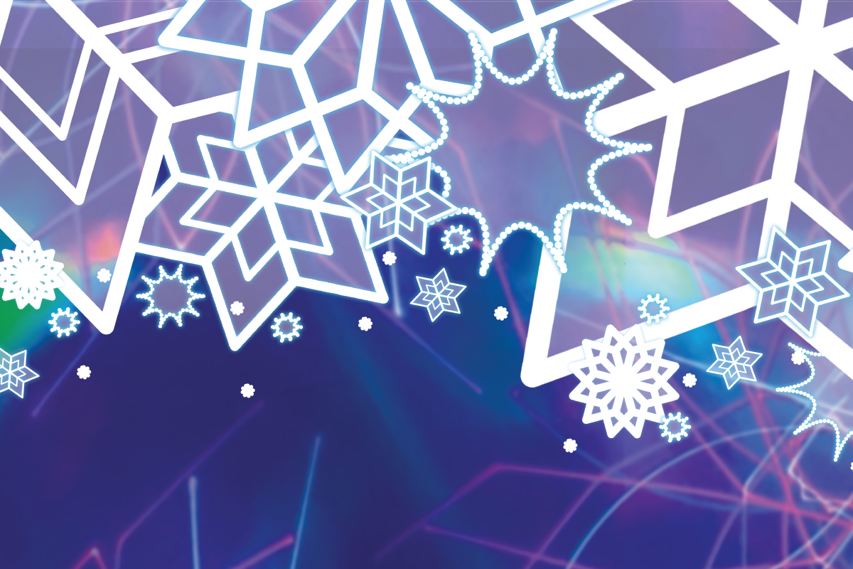 Graphic with snowflakes and aurora with purple lasers in background