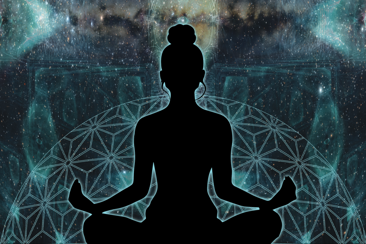 Galaxy background with aqua colored shapes and silhouette of a person in a lotus position