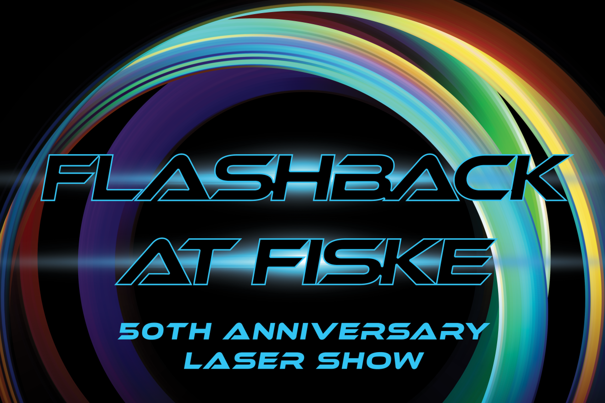 Colorful circle graphic with text flashback at fiske 50th anniversary laser show