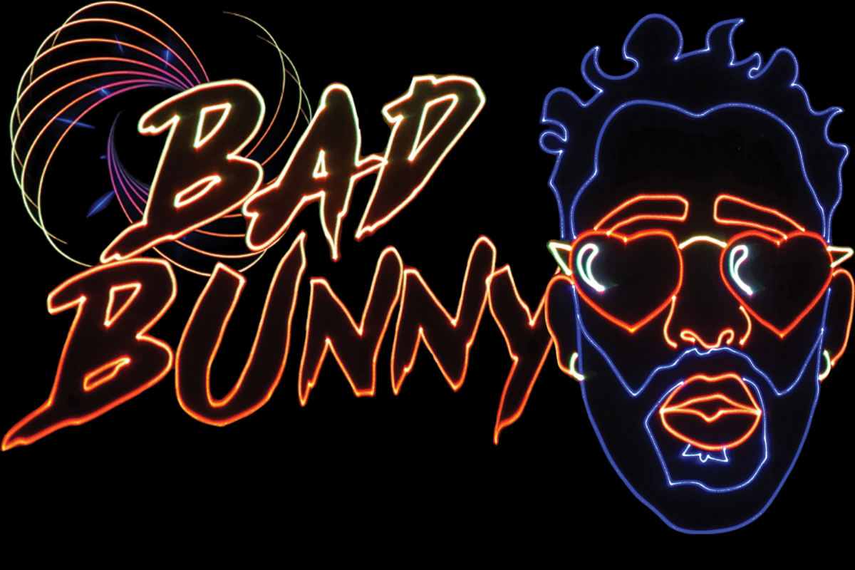 Artist interpretation of the artist bad bunny drawn in lasers