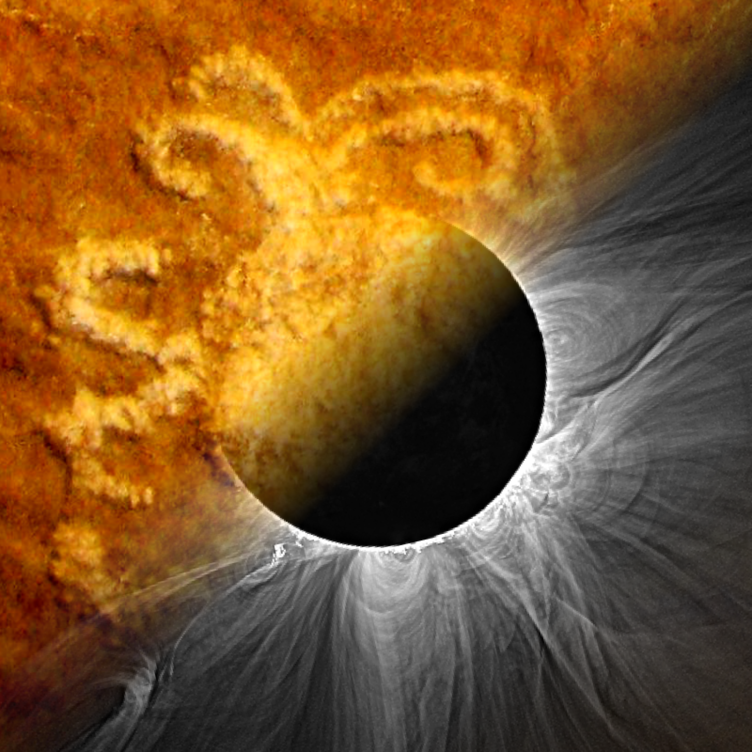 Combined image of a petroglyph and a photoo of a total solar eclipse