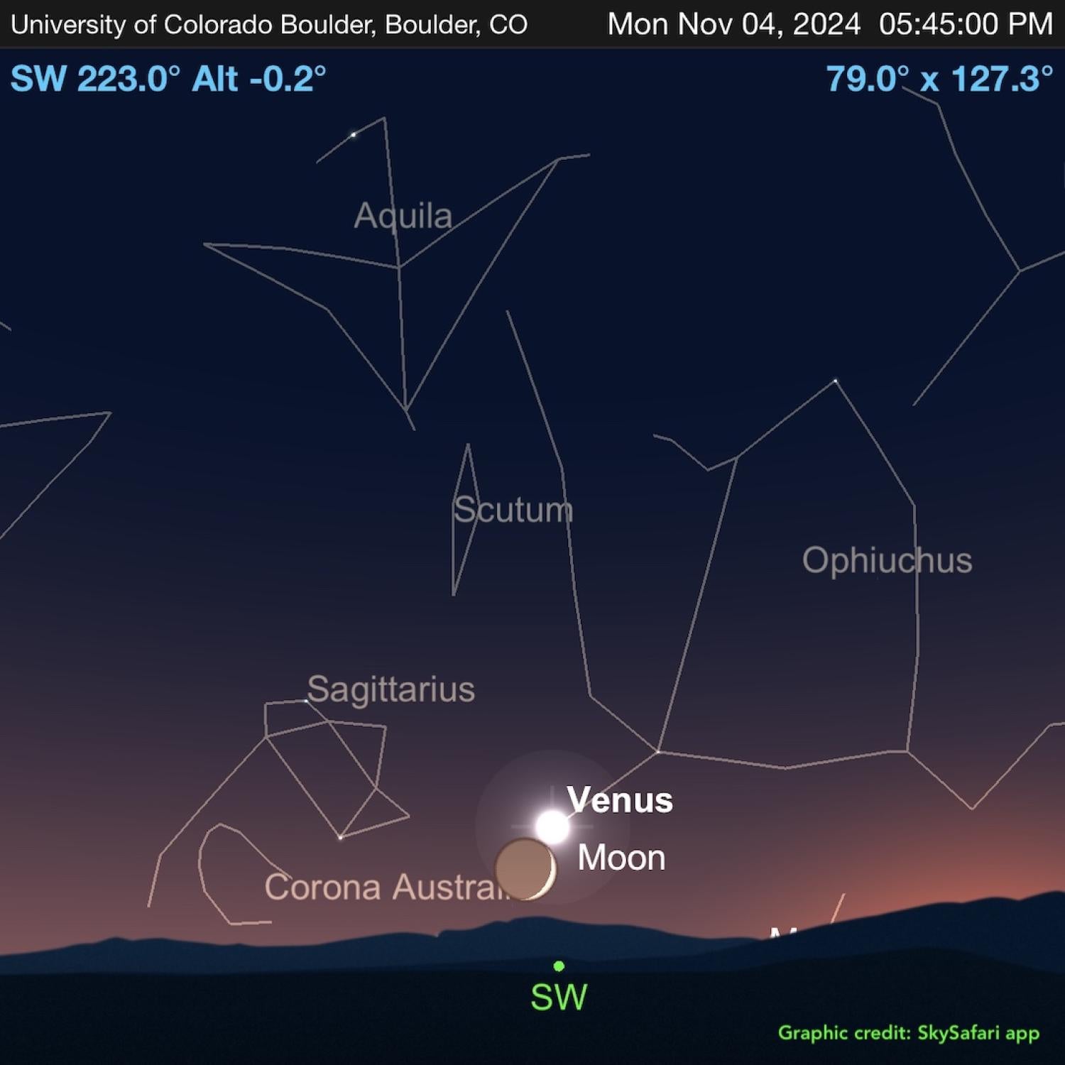 November 4 mountain horizon showing the Moon and Venus in SW sky