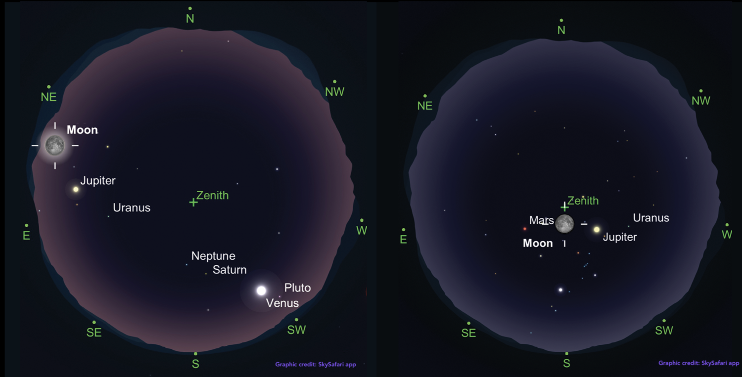 2 graphics of the Moon rising to the far north on the eastern horizon and other graphic with the Moon at the zenith, other planets are in view too and a full celestial sphere is visible with mountains on the horizon.