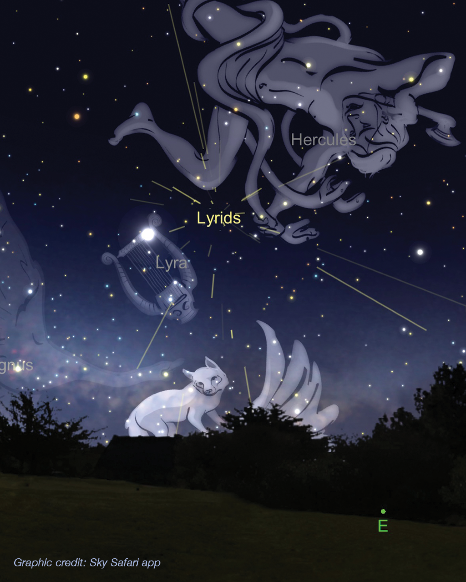 Graphic from the app Sky Safari that shows the constellation of Lyra which is the radiant for the meteor shower, eastern horizon at night also shown