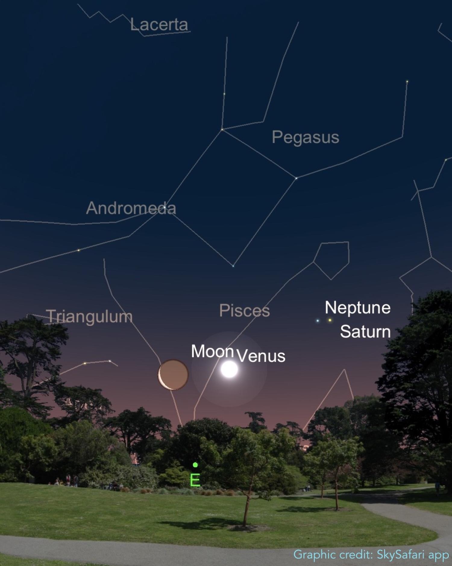 Graphic from Sky Safari app showing the crescent Moon and Venus before dawn