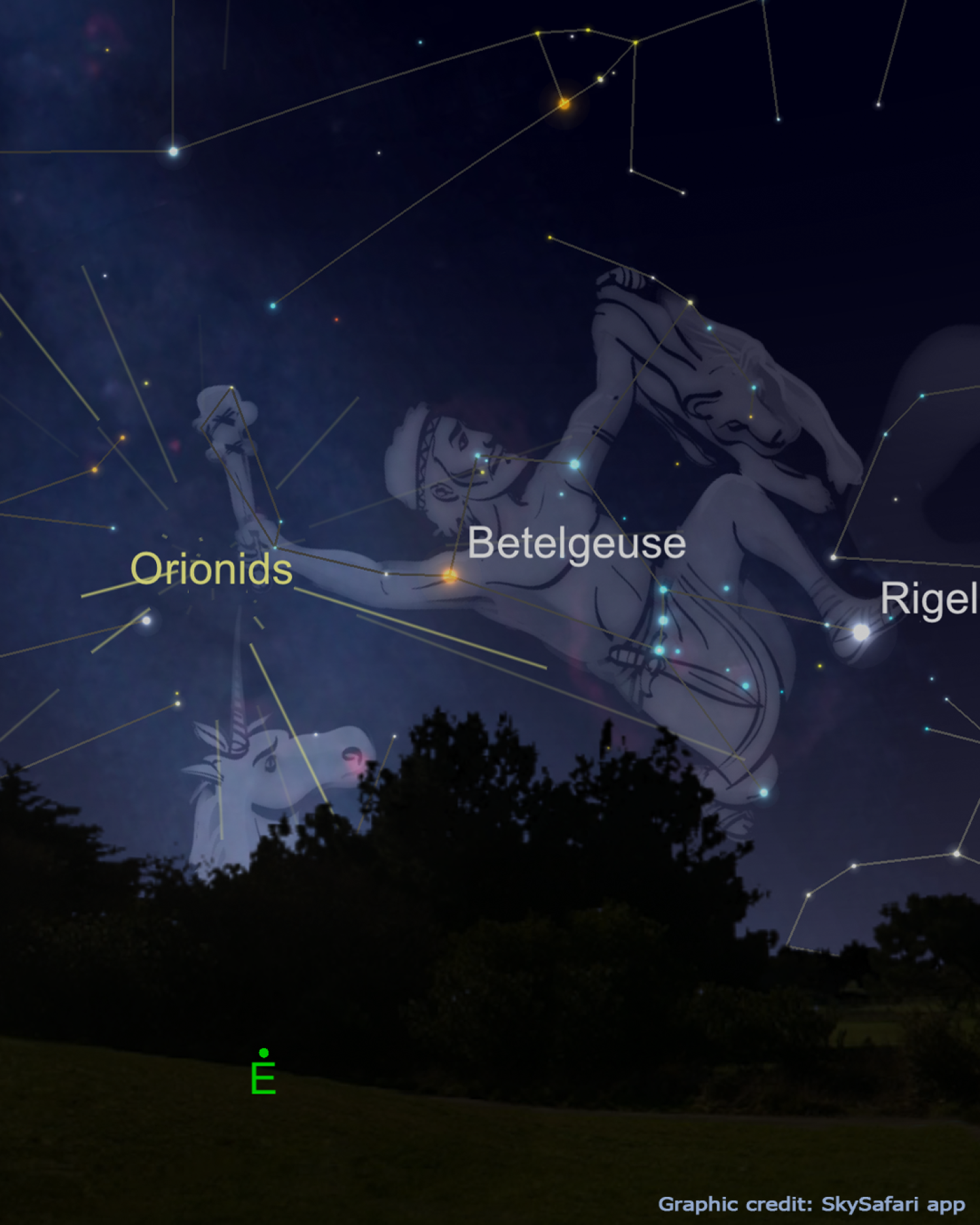Graphic from Sky Safari showing the orionid meteor shower in the eastern sky