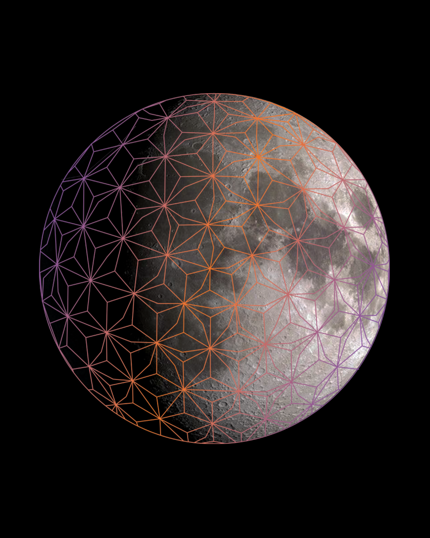 Graphic with overlay of orange and purple Fiske geodesic dome with waxing gibbous moon