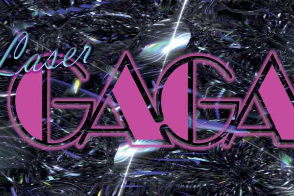 Pink text Gaga in broadway style script with diamond background