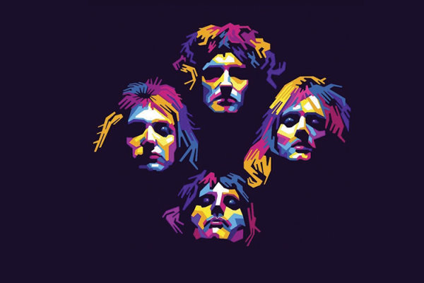Artist illustration of members of Queen against a dark purple background