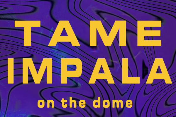 Tame Impala text in gold on a purple stripped background