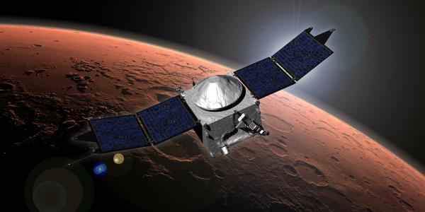 Artist illustration of the MAVEN spacecraft orbiting Mars