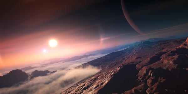 Artist illustration of an exoplanet seen from a moon binary star system in view too