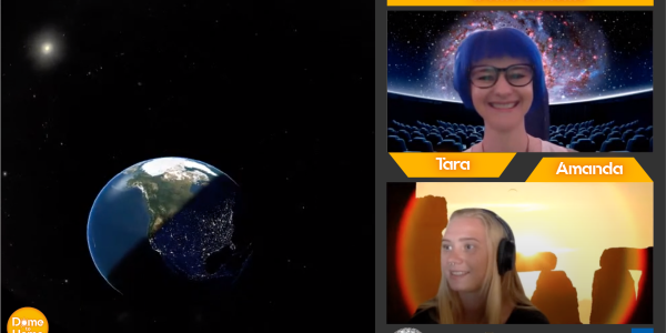Screen capture of a Dome to Home virtual program with a presenter and navigator. Earth is in a square box to the left showing what would normally be displayed on our dome.