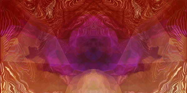 Liquid sky image with a pink lotus like graphic with swirls and segments of rust, orange and gold colors