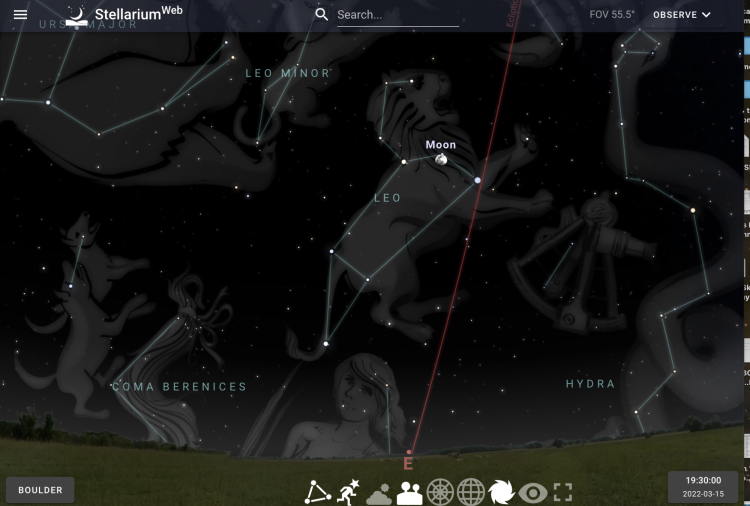 Graphic from Stellarium showing the Moon in the constellation of Leo the lion