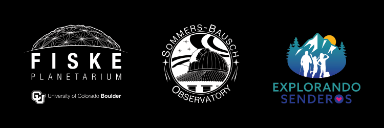 Fiske CU Boulder logo with Sommers-Bausch Observatory logo and Explorando Senderos logo