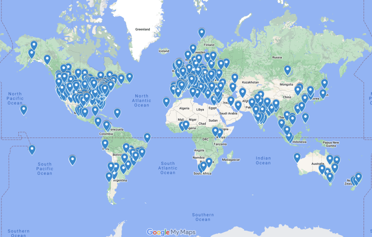Google map with planetariums around the world that have downloaded films produced by fiske