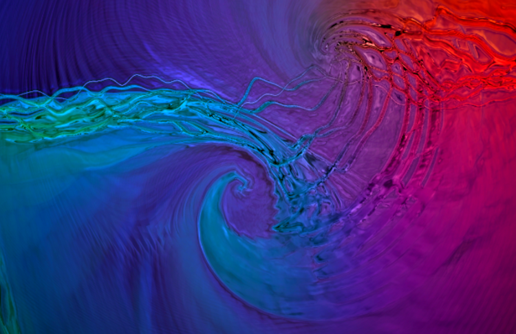 Wave structure with bright colors purple, oranges, greens and blues