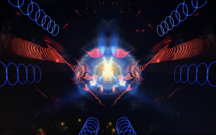 Liquid sky image with orb and circle lasers in reds, blues and golds