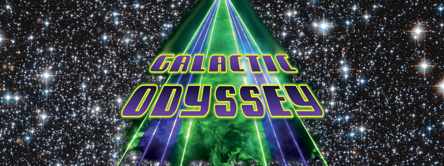 Star field with Laser Galactic Odyssey image in green and purple