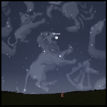 Graphic from Stellarium showing the eastern horizon with the full moon rising in the constellation of leo
