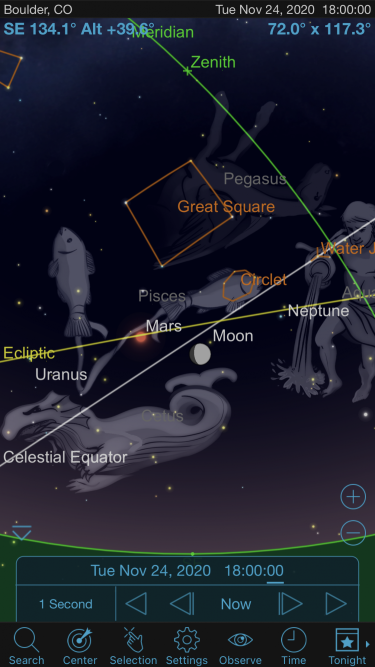 Graphic for 11242020 showing the Moon and Mars in the constellation of Piscescredit SkySafari