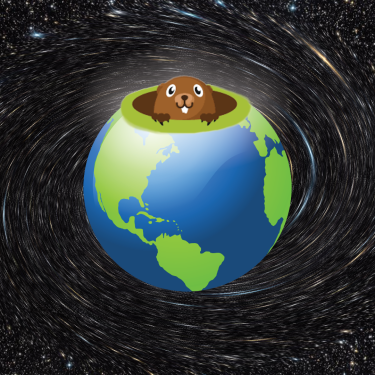 Graphic of a groundhog in a hole on top of the earth with a starry field in the background