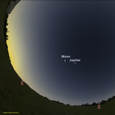 Graphic from Stellarium showing the southeastern horizon and the Moon and Jupiter in the sky with the approach of dawn