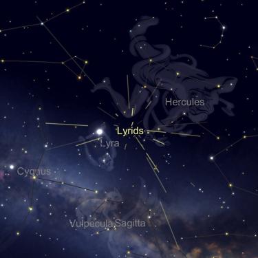 Graphic from Sky Safari showing the Lyrid meteor shower radiant in the sky