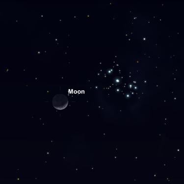 Graphic of the waxing crescent moon in the sky with the Pleiades
