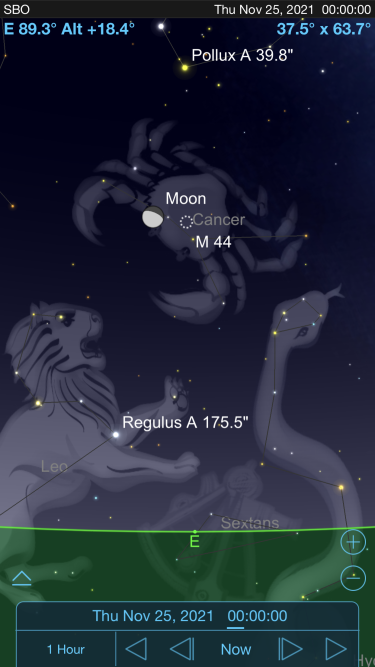 Graphic from Sky Safari app showing the Moon in Cancer the Crab with Leon down to the left and Hydra to the lower right