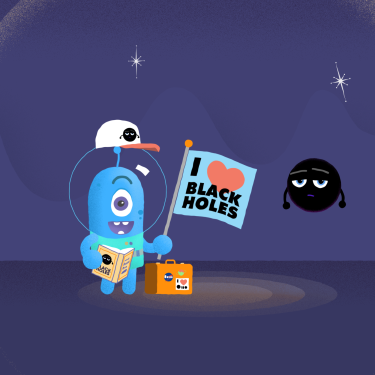 NASA illustration showing an alien figure with a NASA hat holding sign that says I love black holes
